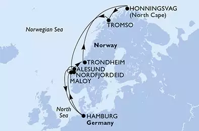 MSC PREZIOSA - Itinerario di 11 notti partendo da HAMBURG, GERMANY il 18/08/2024 - Hamburg,Maloy,Alesund,Trondheim,Honningsvag,Tromso,Nordfjordeid,Hamburg