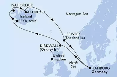 Hamburg,Kirkwall,Reykjavik,Isafjordur,Akureyri,Lerwick,Hamburg