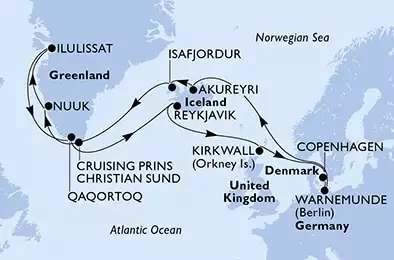 MSC POESIA - Itinerario di 21 notti partendo da WARNEMÜNDE, GERMANIA il 30/06/2024 - Warnemunde,Akureyri,Isafjordur,Prince Christian Sund,Nuuk,Ilulissat,Qaqortoq,Reykjavik,Kirkwall,Copenhagen,Warnemunde