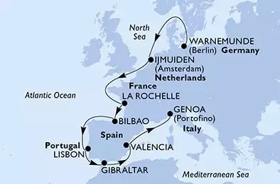 MSC POESIA - Itinerario di 12 notti partendo da WARNEMÜNDE, GERMANIA il 23/09/2024 - Warnemunde,IJmuiden,La Rochelle,Bilbao,Lisbon,Gibraltar,Valencia,Genoa