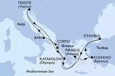 Trieste,Katakolon,Piraeus,Kusadasi,Istanbul,Corfu,Bari,Trieste