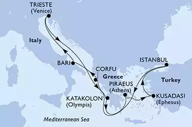 MSC SPLENDIDA - Itinerario di 9 notti partendo da TRIESTE il 19/08/2024 - Trieste,Katakolon,Piraeus,Kusadasi,Istanbul,Corfu,Bari,Trieste