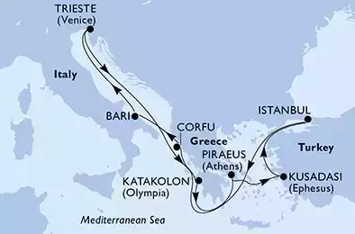 Bari,Trieste,Katakolon,Piraeus,Kusadasi,Istanbul,Corfu,Bari