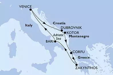 Venice,Dubrovnik,Kotor,Corfu,Zakynthos,Bari,Venice