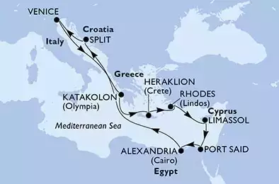 MSC LIRICA - Itinerario di 11 notti partendo da VENEZIA il 06/11/2024 - Venice,Katakolon,Heraklion,Rhodes,Limassol,Port Said,Alexandria,Split,Venice