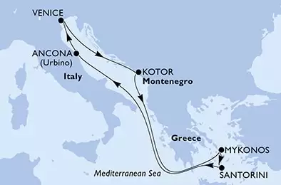 MSC LIRICA - Itinerario di 7 notti partendo da ANCONA il 26/07/2024 - Ancona,Venice,Kotor,Mykonos,Mykonos,Santorini,Ancona
