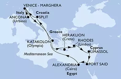 MSC LIRICA - Itinerario di 12 notti partendo da ANCONA il 25/10/2024 - Ancona,Venice,Katakolon,Heraklion,Rhodes,Limassol,Port Said,Alexandria,Split,Venice