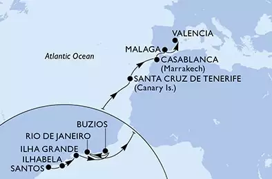 MSC GRANDIOSA - Itinerario di 19 notti partendo da SANTOS, BRAZIL il 30/03/2024 - Brasile, Spagna, Marocco