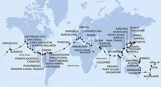 MSC POESIA - Itinerario di 118 notti partendo da CIVITAVECCHIA il 04/01/2023 - Italia, Francia, Spagna, Portogallo, Barbados, Saint Vincent & The Grenadines, Grenada, Colombia, Panama, Costa Rica, Nicaragua, Guatemala, Messico, USA, Samoa, Isole Figi, Nuova Zelanda, Australia, Papua Nuova Guinea, Filippine, Cina (Taiwan), Giappone, Repubblica di Corea, Cina Continentale, Cina (Hong Kong SAR), Vietnam, Singapore, Malesia, Sri Lanka, Emirati Arabi Uniti, Oman, Giordania, Egitto, Grecia