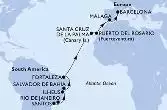 Santos,Rio de Janeiro,Ilheus,Salvador,Fortaleza,Santa Cruz de La Palma,Puerto del Rosario,Malaga,Barcelona