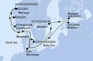 Copenhagen,Tallinn,Helsinki,Stockholm,Kiel,Bergen,Nordfjordeid,Olden,Stavanger,Kiel,Copenhagen