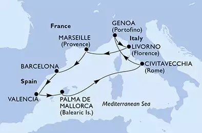 Genoa,Livorno,Marseille,Barcelona,Valencia,Palma de Mallorca,Civitavecchia,Genoa