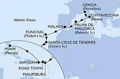 MSC MAGNIFICA - Itinerario di 20 notti partendo da GENOVA il 31/10/2023 - Genoa,Civitavecchia,Palma de Mallorca,Malaga,Funchal,Santa Cruz de Tenerife,Philipsburg,Road Town,San Juan,San Juan,Miami