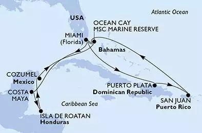 MSC WORLD AMERICA - Itinerario di 14 notti partendo da MIAMI, UNITED STATES il 24/05/2025 - Miami,Puerto Plata,San Juan,Ocean Cay,Miami,Costa Maya,Isla de Roatan,Cozumel,Ocean Cay,Miami