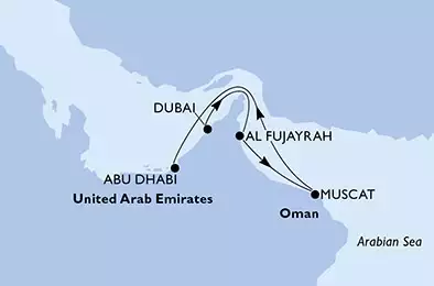 MSC OPERA - Itinerario di 4 notti partendo da DUBAI il 03/12/2023 - Dubai,Al Fujayrah,Muscat,Abu Dhabi