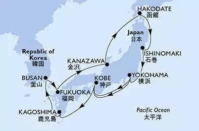 Yokohama,Kobe,Kagoshima,Busan,Fukuoka,Kanazawa,Hakodate,Ishinomaki,Yokohama,Kobe