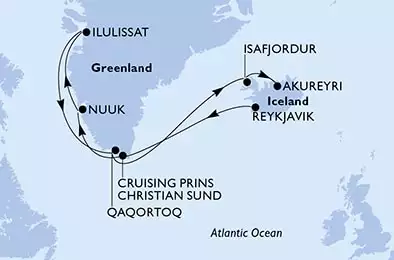 Reykjavik,Prince Christian Sund,Nuuk,Ilulissat,Ilulissat,Qaqortoq,Isafjordur,Akureyri