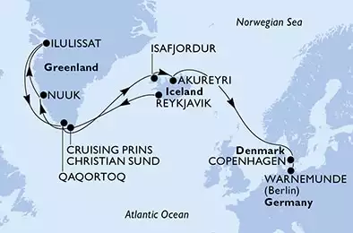 Reykjavik,Prince Christian Sund,Nuuk,Ilulissat,Ilulissat,Qaqortoq,Isafjordur,Akureyri,Copenhagen,Warnemunde
