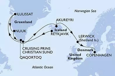 Reykjavik,Prince Christian Sund,Ilulissat,Nuuk,Qaqortoq,Akureyri,Lerwick,Copenhagen