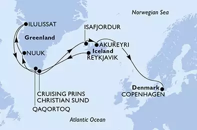 Reykjavik,Prince Christian Sund,Nuuk,Ilulissat,Ilulissat,Qaqortoq,Isafjordur,Akureyri,Copenhagen