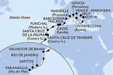 MSC LIRICA - Itinerario di 25 notti partendo da VENEZIA il 06/11/2023 - Venice-Marghera,Split,Kotor,Civitavecchia,Genoa,Marseille,Barcelona,Malaga,Cadiz,Funchal,Santa Cruz de La Palma,Santa Cruz de Tenerife,Salvador,Rio de Janeiro,Santos,Paranagua