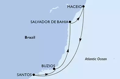Santos (Sao Paolo), Buzios, Salvador da Bahia, Maceio, Santos (Sao Paolo)