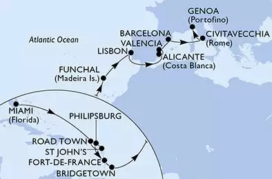 Miami,Road Town,St John s,Philipsburg,Fort de France,Bridgetown,Funchal,Lisbon,Alicante,Valencia,Barcelona,Civitavecchia,Genoa