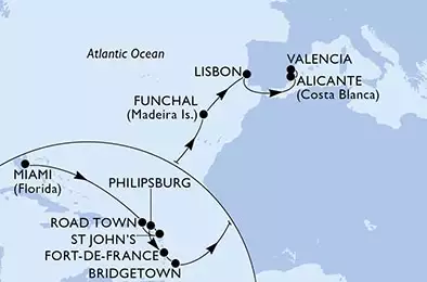 Miami,Road Town,St John s,Philipsburg,Fort de France,Bridgetown,Funchal,Lisbon,Alicante,Valencia