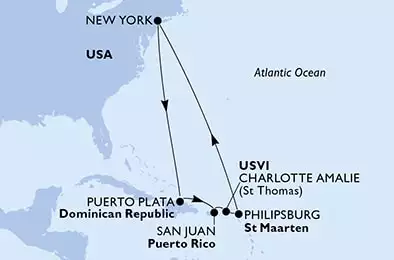 MSC MERAVIGLIA - Itinerario di 10 notti partendo da NEW YORK, UNITED STATES il 23/01/2025 - New York,Puerto Plata,San Juan,Charlotte Amalie,Philipsburg,New York