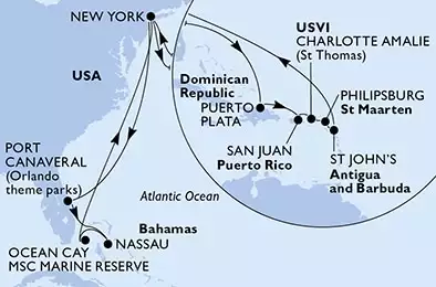 MSC MERAVIGLIA - Itinerario di 18 notti partendo da NEW YORK, UNITED STATES il 05/01/2025 - New York,Port Canaveral,Nassau,Ocean Cay,New York,Puerto Plata,San Juan,Charlotte Amalie,Philipsburg,St John s,New York