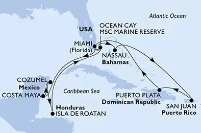 MSC SEASIDE - Itinerario di 14 notti partendo da MIAMI, UNITED STATES il 17/11/2024 - Miami,Ocean Cay,Nassau,San Juan,Puerto Plata,Miami,Costa Maya,Cozumel,Isla de Roatan,Ocean Cay,Miami