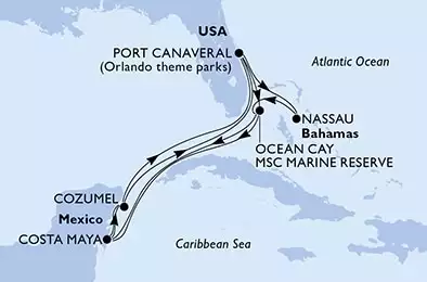 MSC SEASHORE - Itinerario di 14 notti partendo da PORT CANAVERAL (ORLANDO),  STATI UNITI il 29/12/2024 - Port Canaveral,Nassau,Ocean Cay,Costa Maya,Cozumel,Port Canaveral,Ocean Cay,Ocean Cay,Costa Maya,Cozumel,Port Canaveral