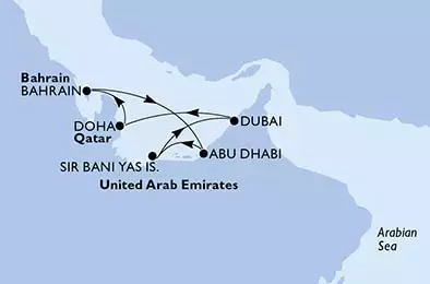 MSC EURIBIA - Itinerario di 7 notti partendo da DOHA,  QATAR il 19/01/2025 - Doha,Bahrain,Abu Dhabi,Sir Bani Yas,Dubai,Dubai,Doha