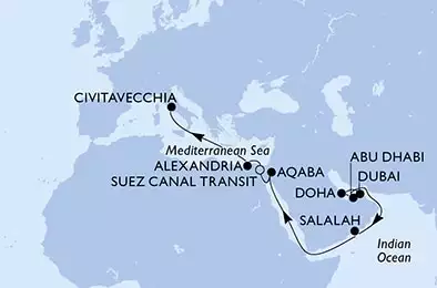 MSC EURIBIA - Itinerario di 16 notti partendo da DUBAI il 05/04/2025 - Dubai,Doha,Abu Dhabi,Salalah,Aqaba,Suez Canal South,Suez Canal North,Alexandria,Civitavecchia