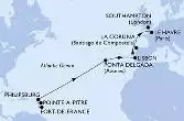Fort de France,Pointe-a-Pitre,Philipsburg,Ponta Delgada,Lisbon,La Coruna,Le Havre,Southampton