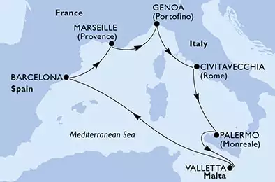 MSC WORLD EUROPA - Itinerario di 7 notti partendo da CIVITAVECCHIA il 11/11/2024 - Civitavecchia,Palermo,Valletta,Barcelona,Marseille,Genoa,Civitavecchia