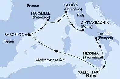 Naples,Messina,Valletta,Barcelona,Marseille,Genoa,Civitavecchia