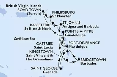 MSC VIRTUOSA - Itinerario di 14 notti partendo da FORT DE FRANCE, MARTINIQUE il 14/12/2024 - Fort de France,Pointe-a-Pitre,Road Town,Philipsburg,Basseterre,St John s,Fort de France,Pointe-a-Pitre,Kingstown,Bridgetown,Castries,Saint George,Fort de France