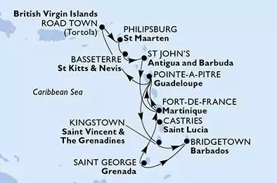 MSC VIRTUOSA - Itinerario di 14 notti partendo da FORT DE FRANCE, MARTINIQUE il 07/12/2024 - Fort de France,Pointe-a-Pitre,Kingstown,Bridgetown,Saint George,Castries,Fort de France,Pointe-a-Pitre,Road Town,Philipsburg,Basseterre,St John s,Fort de France