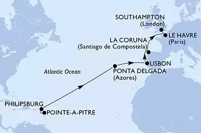 Pointe-a-Pitre,Philipsburg,Ponta Delgada,Lisbon,La Coruna,Le Havre,Southampton