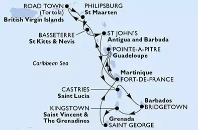MSC VIRTUOSA - Itinerario di 14 notti partendo da FORT DE FRANCE, MARTINIQUE il 22/02/2025 - Fort de France,Pointe-a-Pitre,Road Town,Philipsburg,Basseterre,St John s,Fort de France,Pointe-a-Pitre,Castries,Bridgetown,Kingstown,Saint George,Fort de France