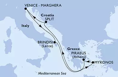 Venice-Marghera,Brindisi,Mykonos,Piraeus,Split,Venice-Marghera