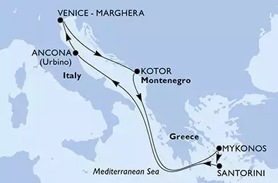 MSC LIRICA - Itinerario di 7 notti partendo da VENEZIA il 24/05/2025 - Venice-Marghera,Kotor,Mykonos,Santorini,Ancona,Venice-Marghera