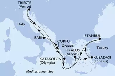 MSC FANTASIA - Itinerario di 9 notti partendo da TRIESTE il 23/09/2025 - Trieste,Katakolon,Piraeus,Kusadasi,Istanbul,Corfu,Bari,Trieste