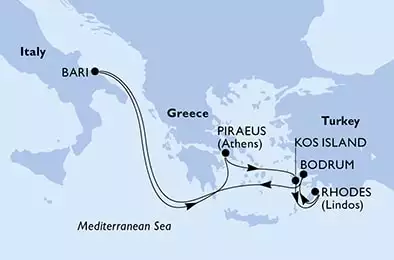 MSC OPERA - Itinerario di 7 notti partendo da BARI il 17/05/2025 - Bari,Piraeus,Kos Island,Rhodes,Bodrum,Bari