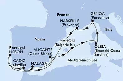 Olbia,Genoa,Marseille,Malaga,Cadiz,Lisbon,Alicante,Mahon,Olbia