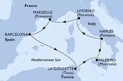 Naples,Livorno,Marseille,Barcelona,La Goulette,Palermo,Naples