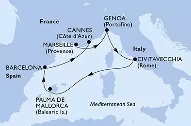 MSC SEAVIEW - Itinerario di 6 notti partendo da MARSEILLE, FRANCE il 05/05/2025 - Marseille,Genoa,Civitavecchia,Palma de Mallorca,Barcelona,Cannes