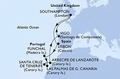 Southampton,Lisbon,Funchal,Las Palmas de G.Canaria,Santa Cruz de Tenerife,Arrecife de Lanzarote,Vigo,Southampton