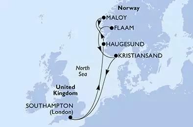MSC VIRTUOSA - Itinerario di 7 notti partendo da SOUTHAMPTON, UNITED KINGDOM il 10/05/2025 - Southampton,Haugesund,Maloy,Flaam,Kristiansand,Southampton